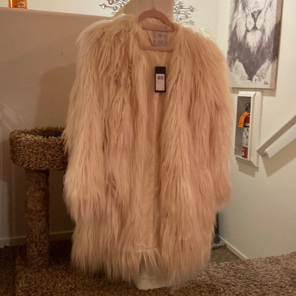 Guess faux fur coat cream color M